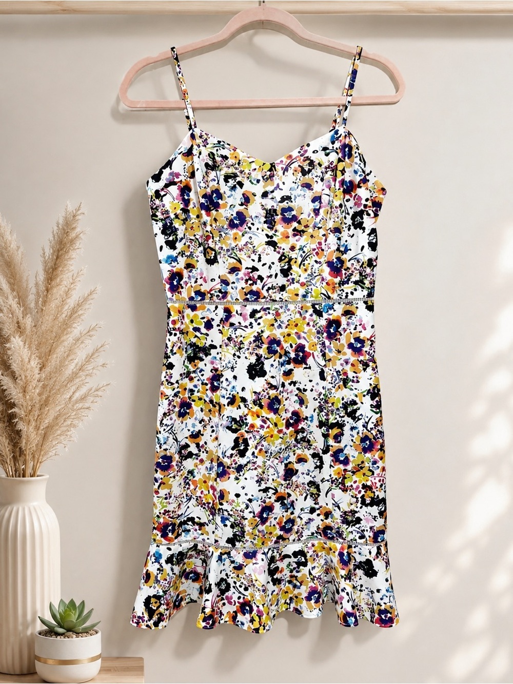 Betsey Johnson Floral Fit & Flare Dress Size 4 | White Multicolor Ruffle Hem